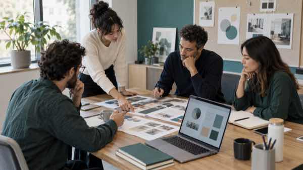 Equipo revisando piezas visuales para comunicación interna